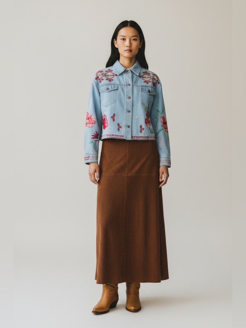 Johnny Was Floral Embroidered Boxy denim bohemian cottage core Jean Jacket Small